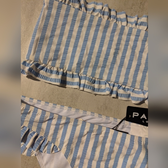 NWT Free People x Paper Blue White Striped Ruffle Bikini, L / XL - Picture 3 of 15